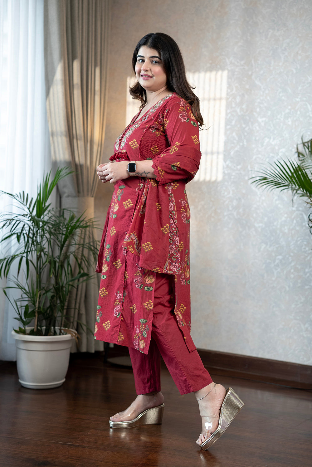 Maroon Floral Mul Cotton Kurta Set