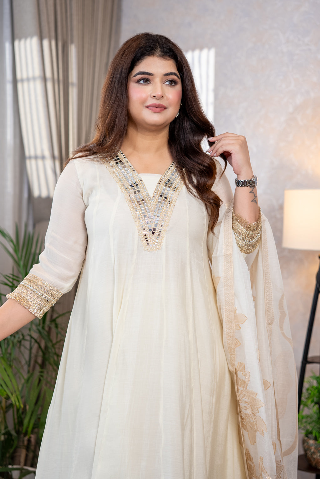 Dove White Anarkali Suit Set