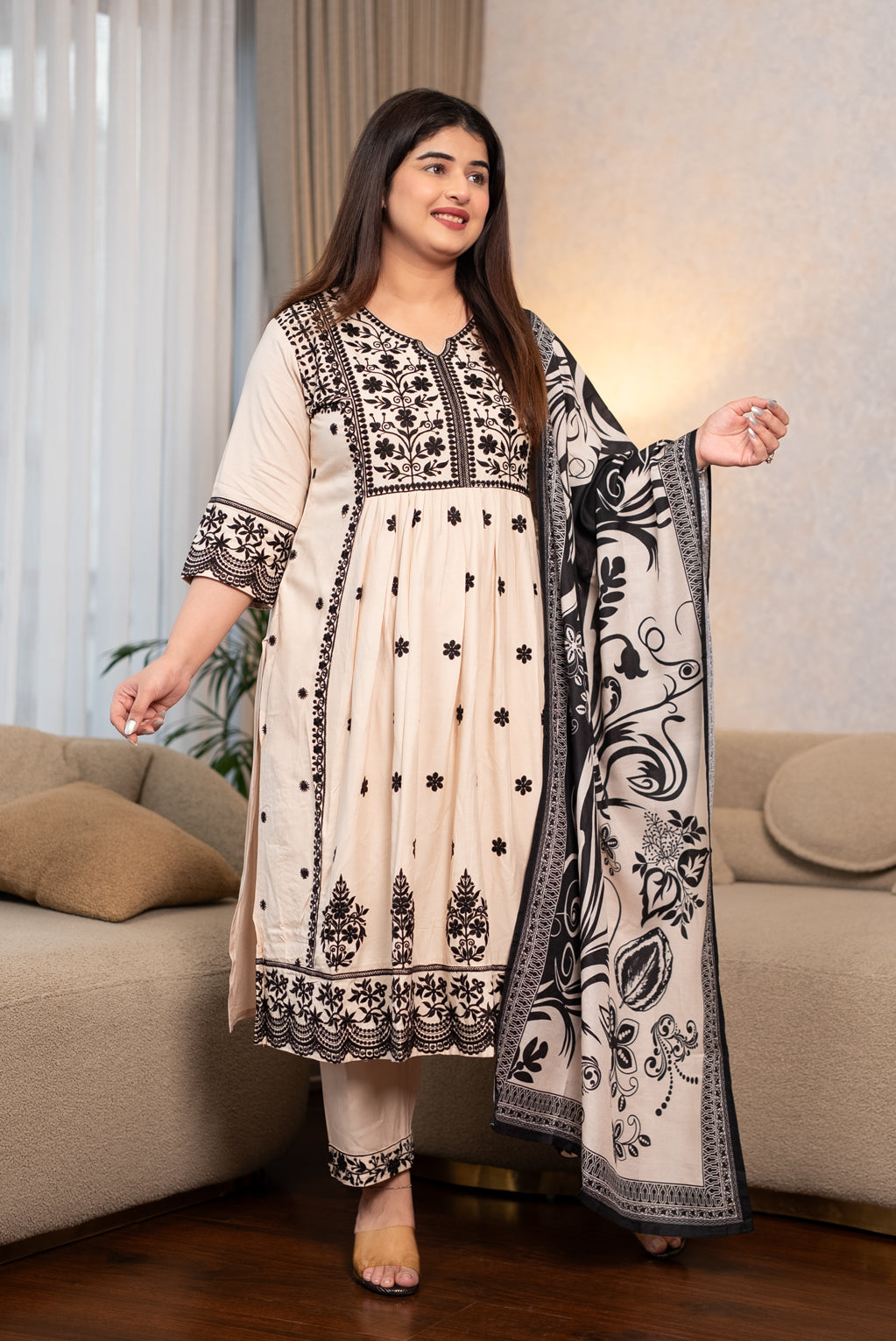 Cream & Black Alia Cut Suit Set