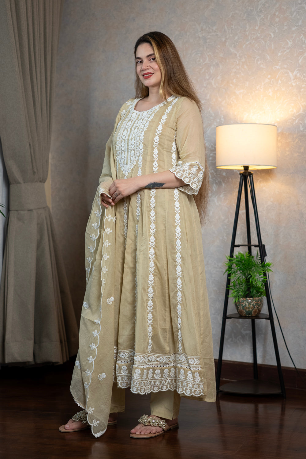 Beige Mul Cotton Kurta Set
