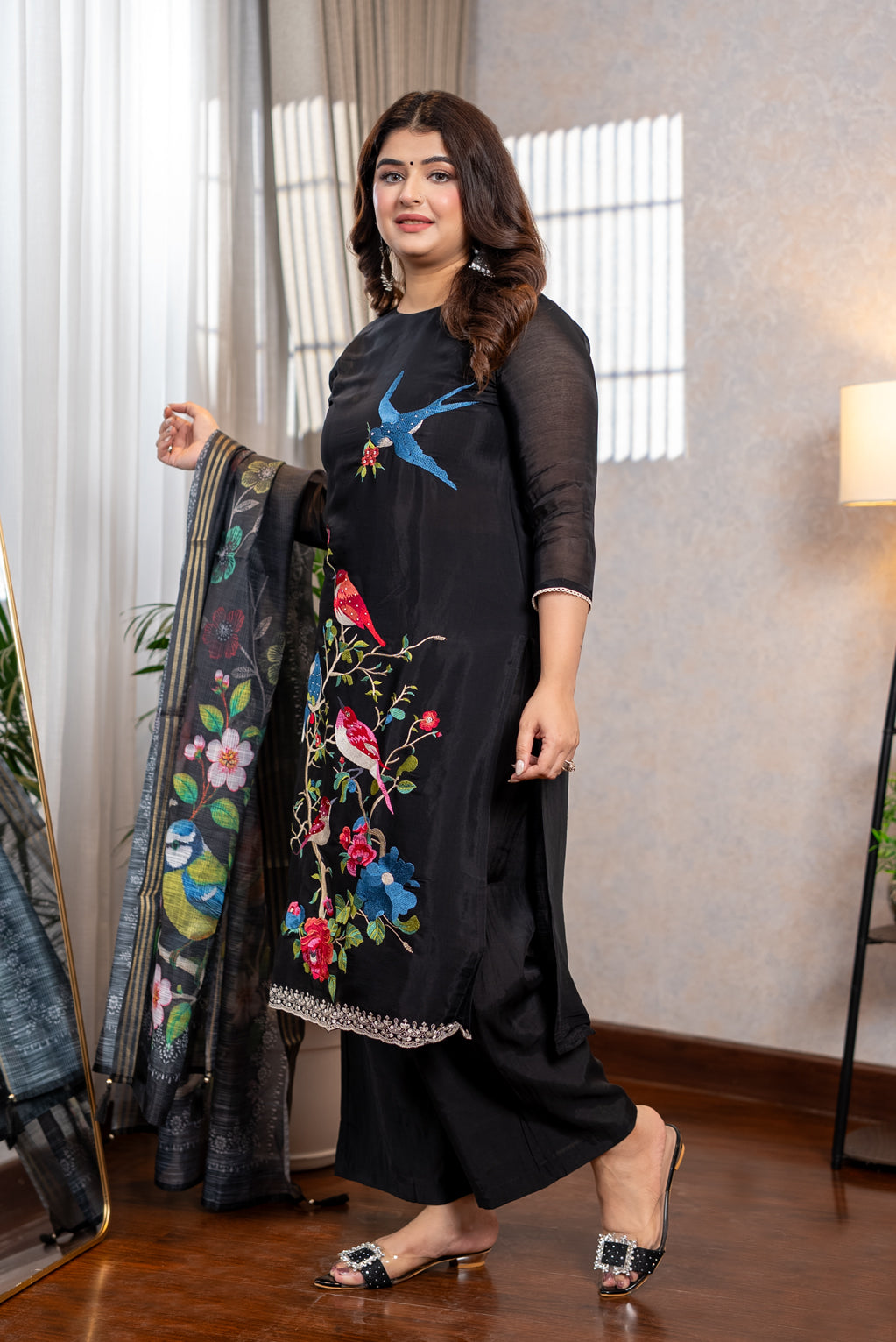 Black Botanical Bird Suit Set