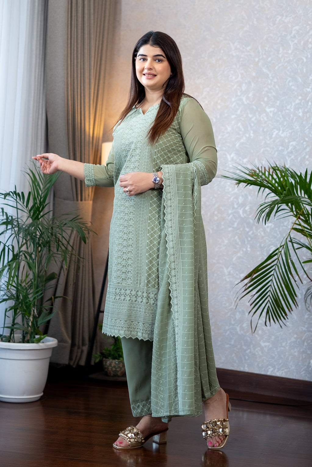 Sage Green Lucknowi Embroidery Suit Set