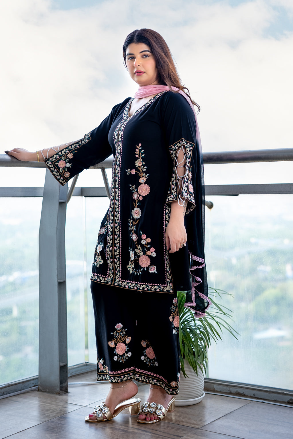 Midnight Blossom Embroidered Suit Set