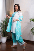 White & Aqua Embroidered Farshi Suit Set