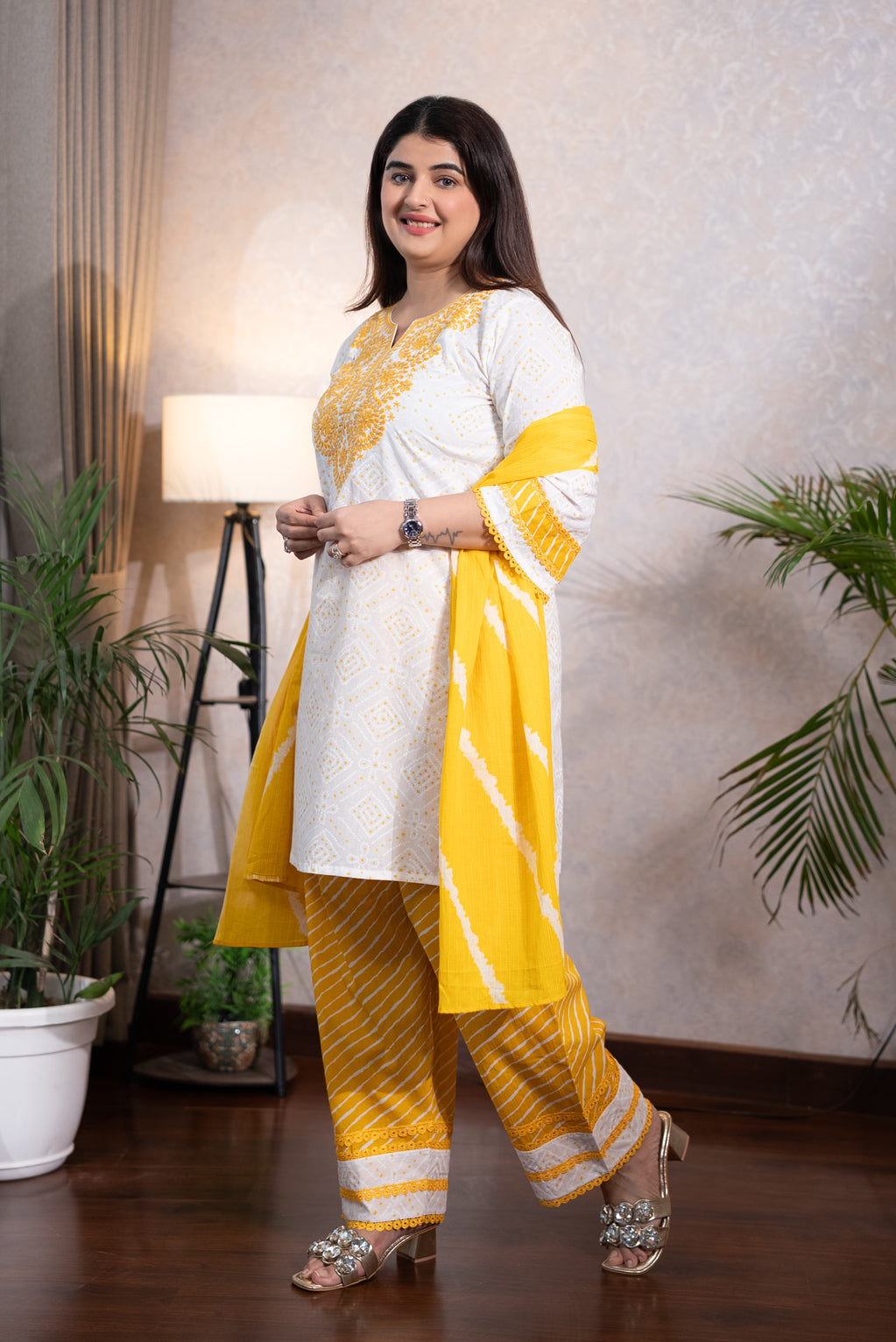 White & Yellow Embroidered Farshi Suit Set
