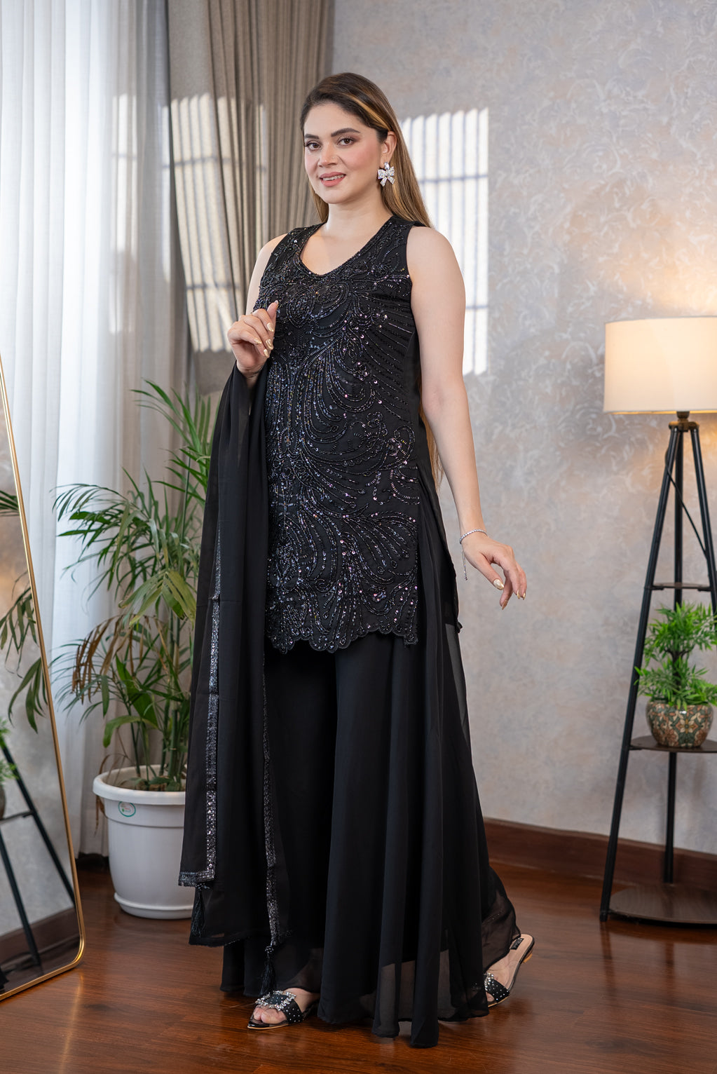 Black Georgette Sequin Sharara Suit Set