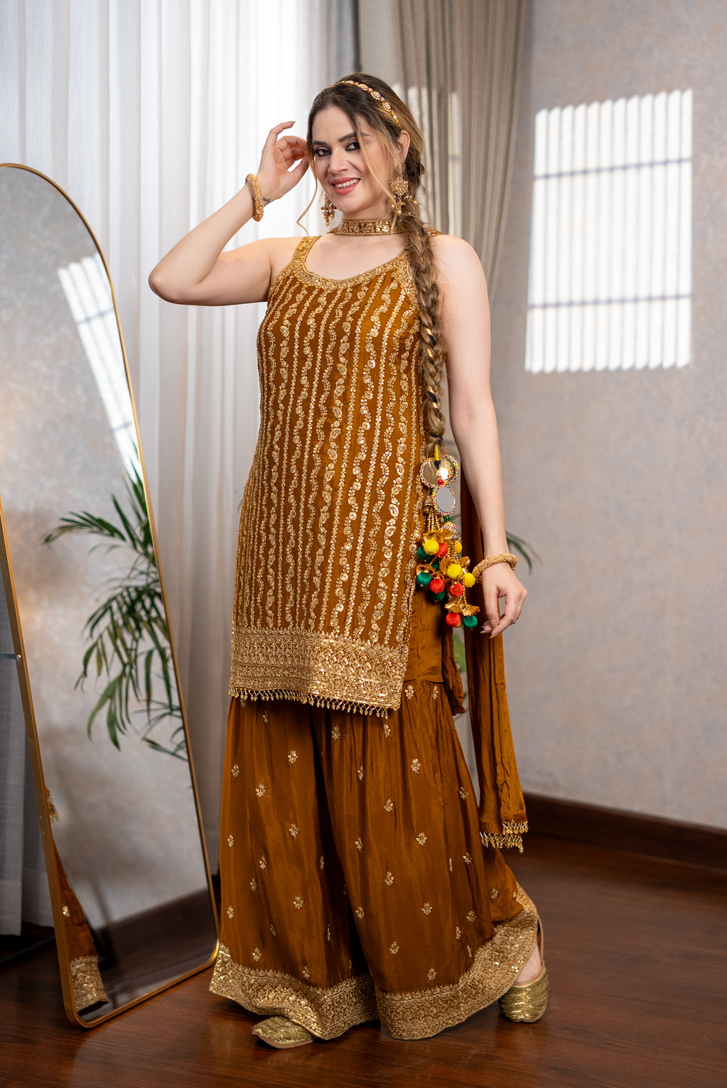 Gold Pearl Drop Sharara Suit Set