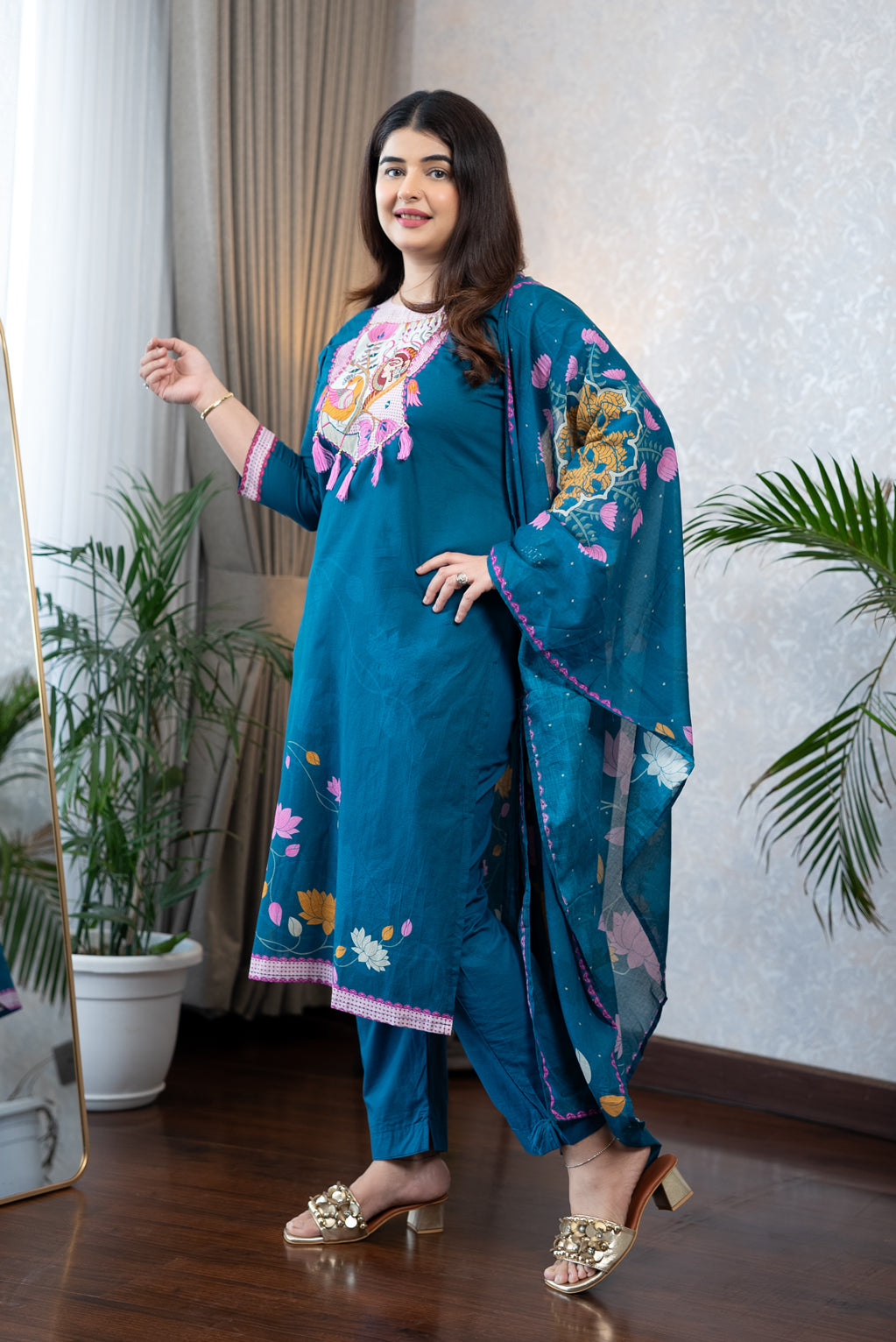 Teal Madhubani Art Kurta Set