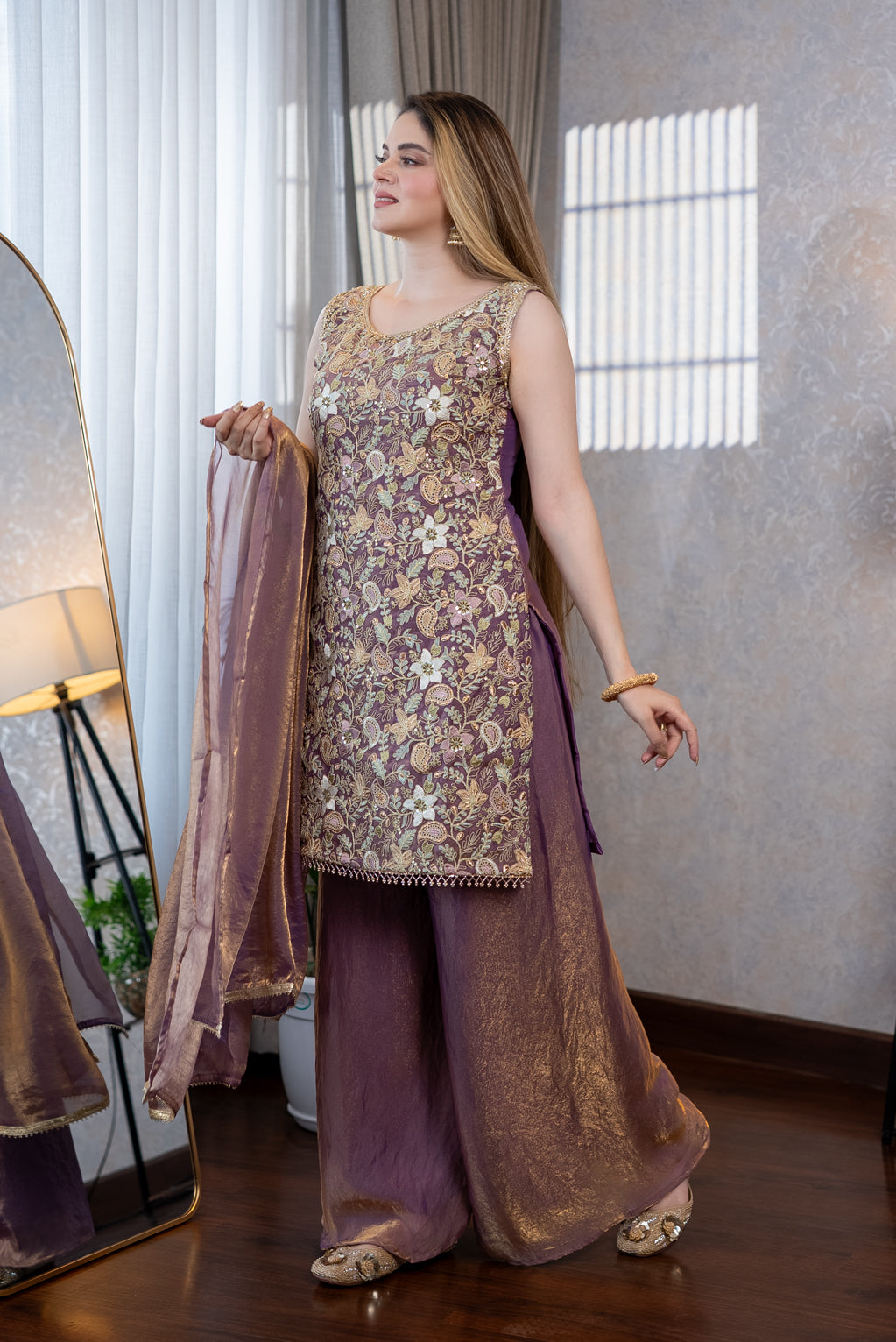 Lilac Embroidered Sharara Suit Set