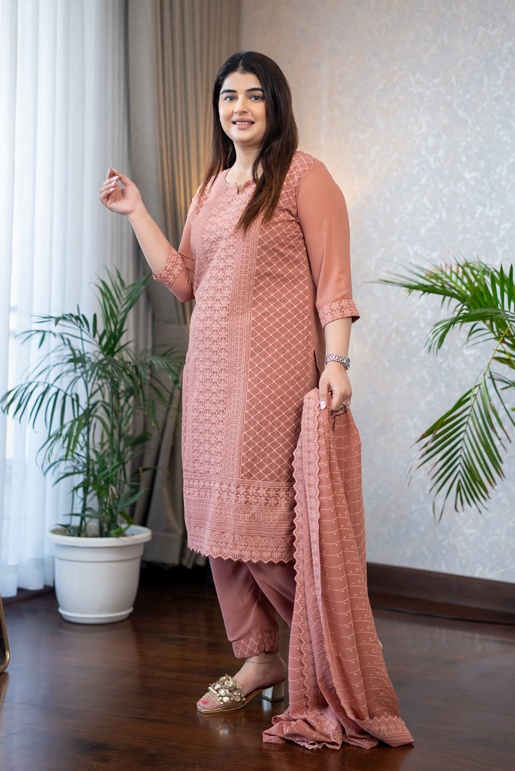 Dusty Rose Lucknowi Embroidery Suit Set