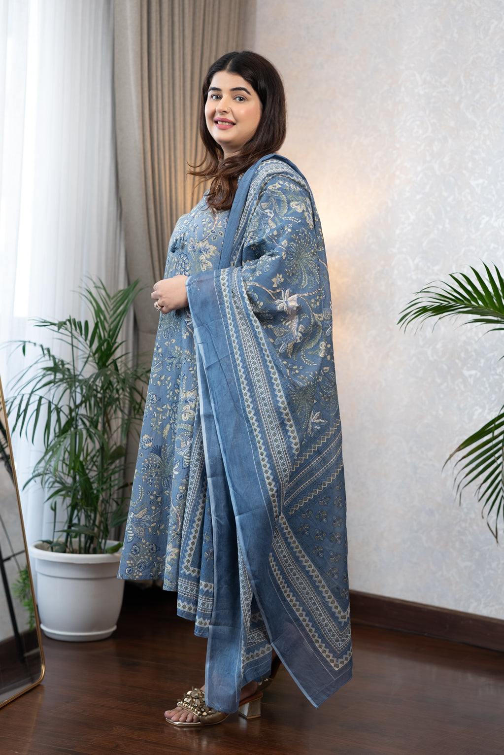 Steel Blue Floral Kurta Set