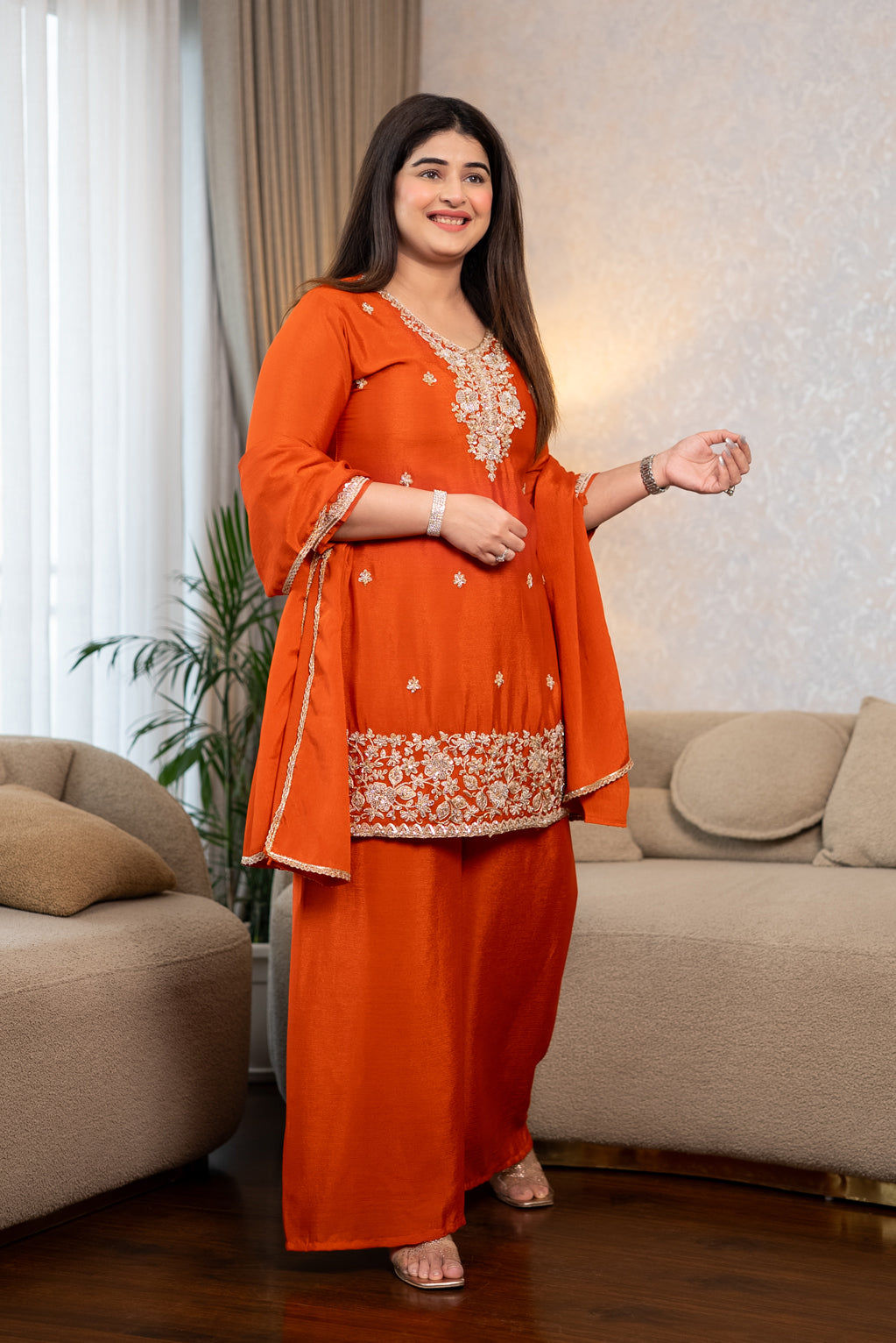 Orange Embroidered Palazzo Suit Set