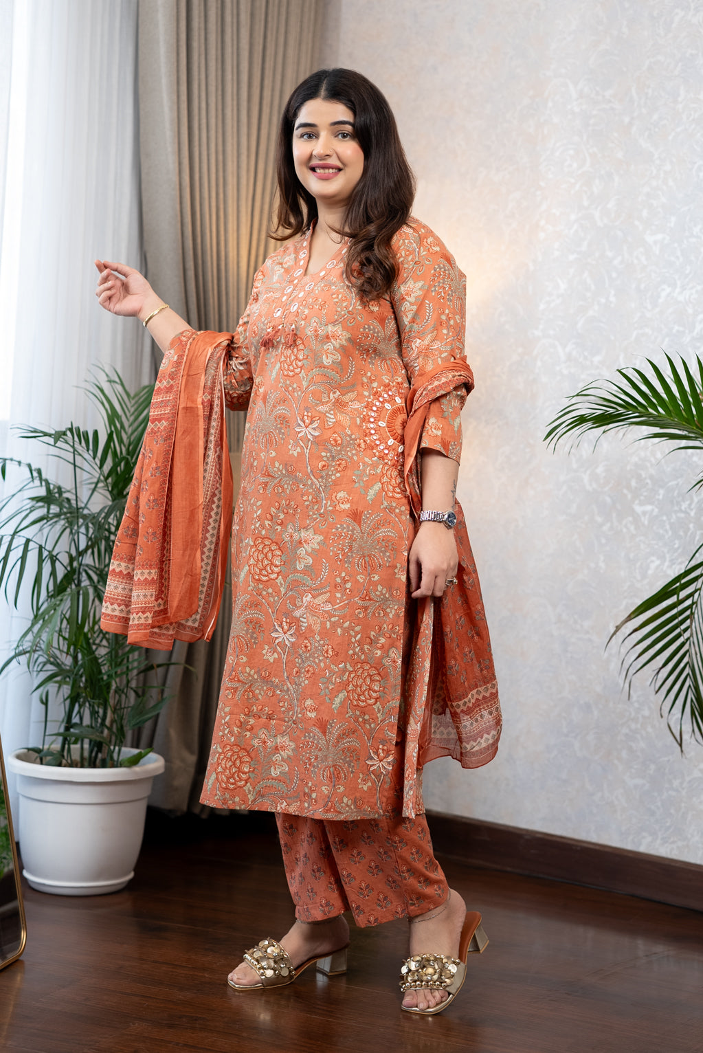 Orange Floral Kurta Set