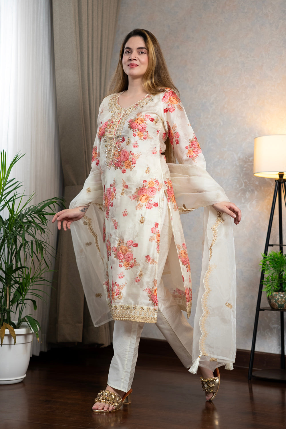 White Floral Kurta Set