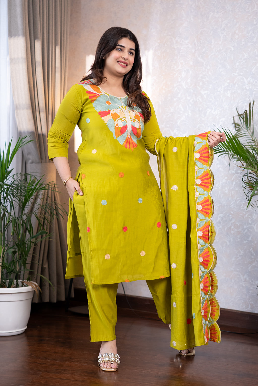 Lime Green Kashmiri Embroidered Suit Set