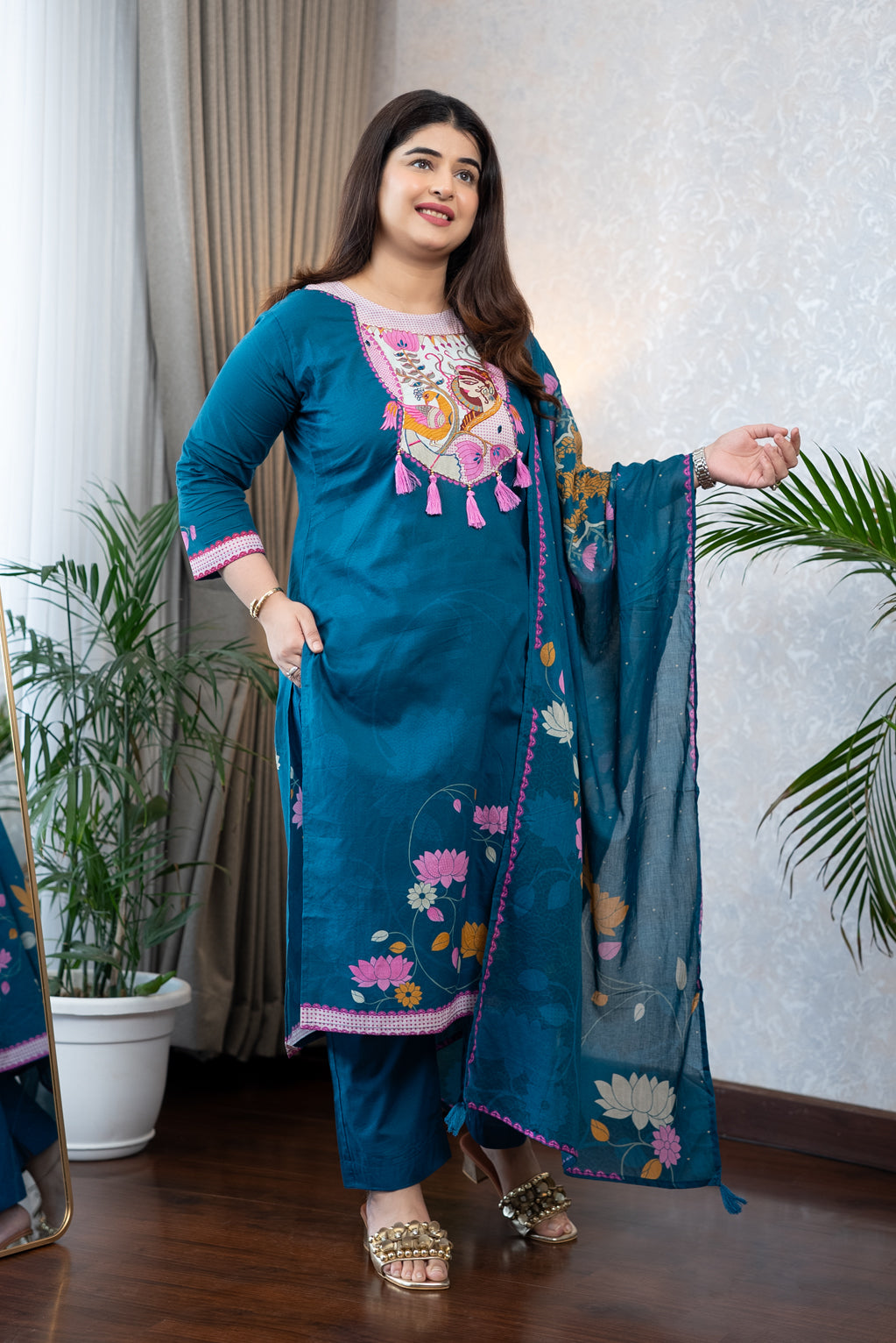 Teal Madhubani Art Kurta Set