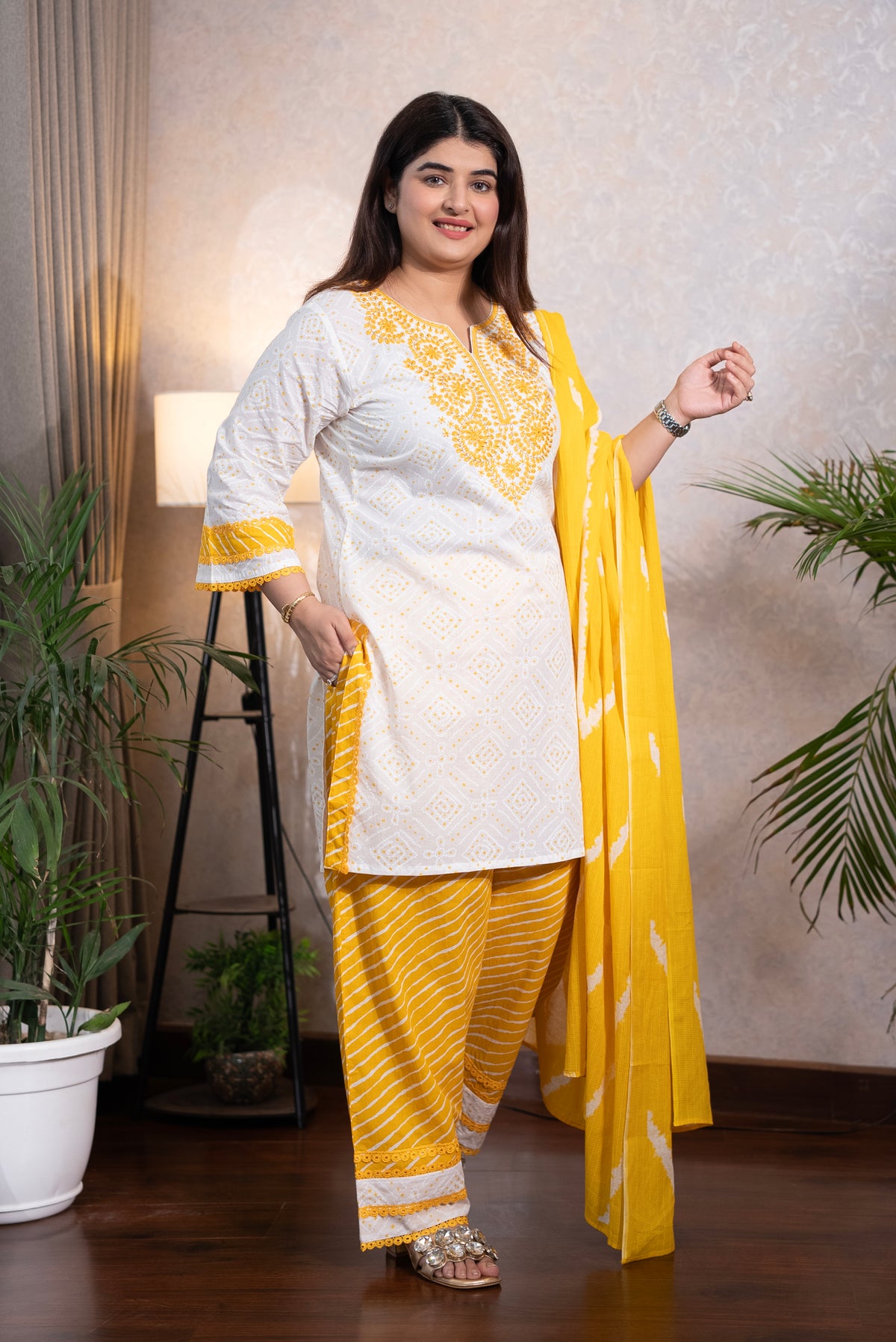 White & Yellow Embroidered Farshi Suit Set