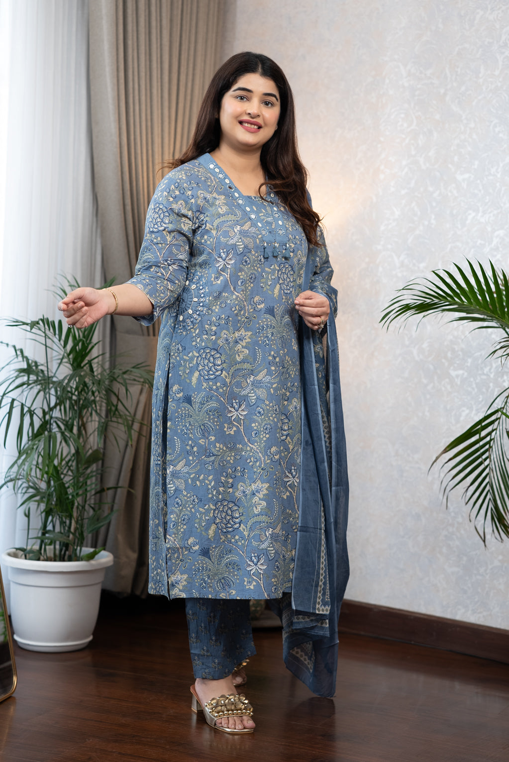 Steel Blue Floral Kurta Set