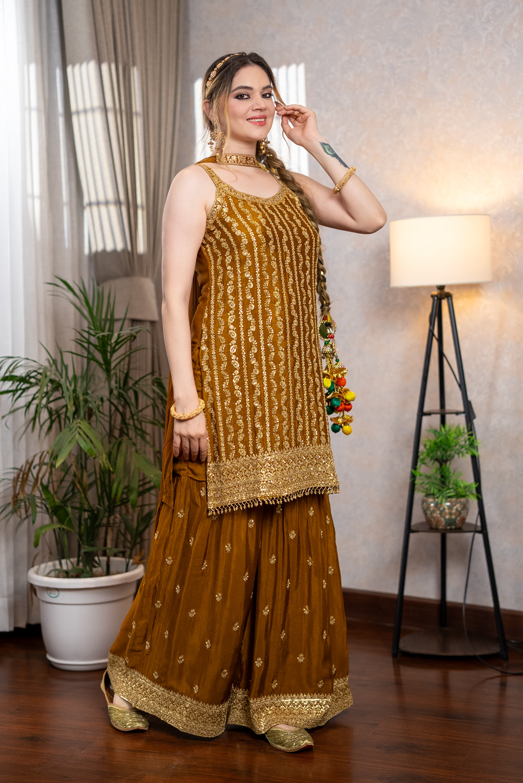 Gold Pearl Drop Sharara Suit Set