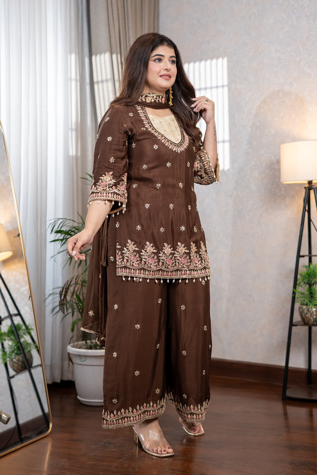 Chocolate Brown Embroidered Suit Set
