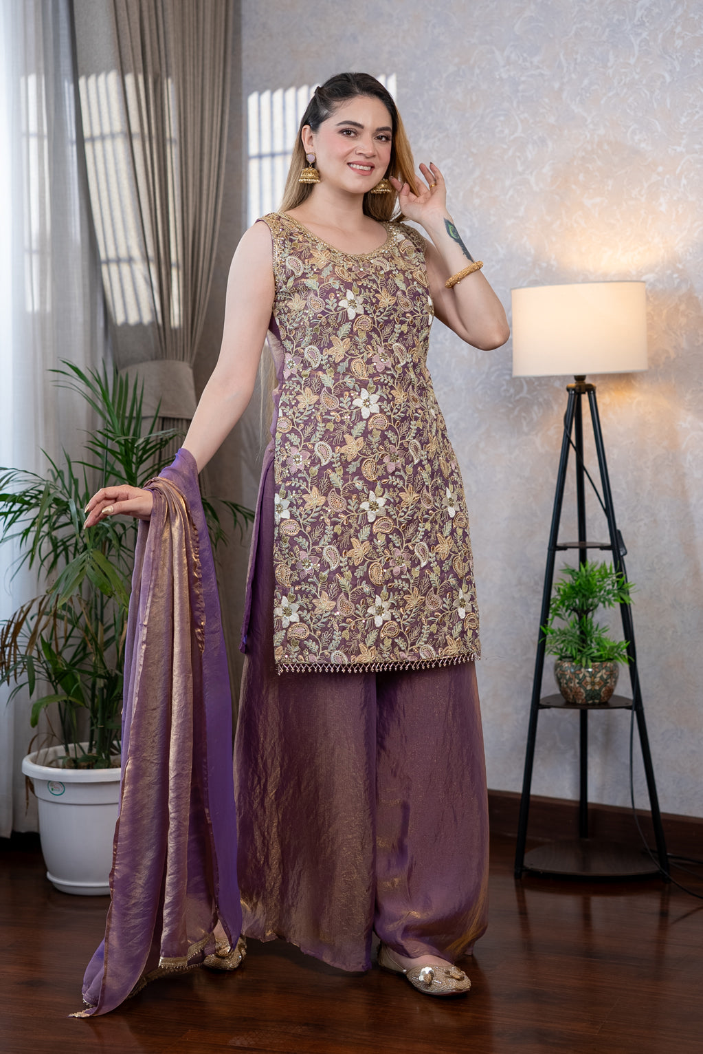 Lilac Embroidered Sharara Suit Set