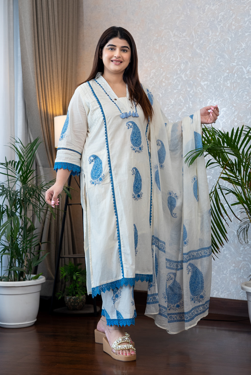 White and Blue Paisley Print Suit Set