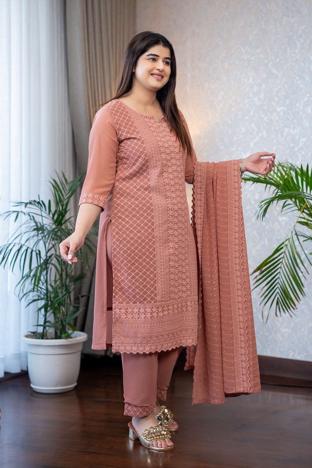 Dusty Rose Lucknowi Embroidery Suit Set
