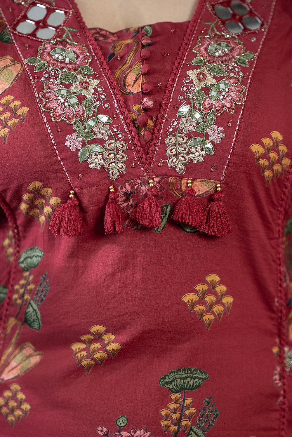 Maroon Floral Mul Cotton Kurta Set