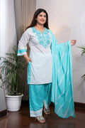 White & Aqua Embroidered Farshi Suit Set