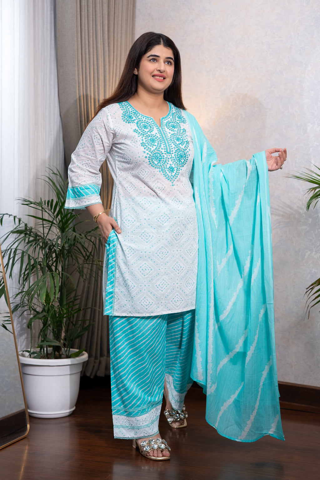 White & Aqua Embroidered Farshi Suit Set