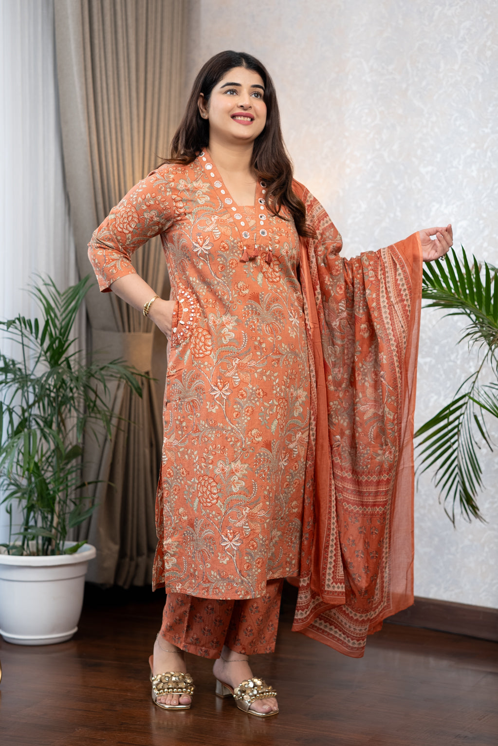 Orange Floral Kurta Set