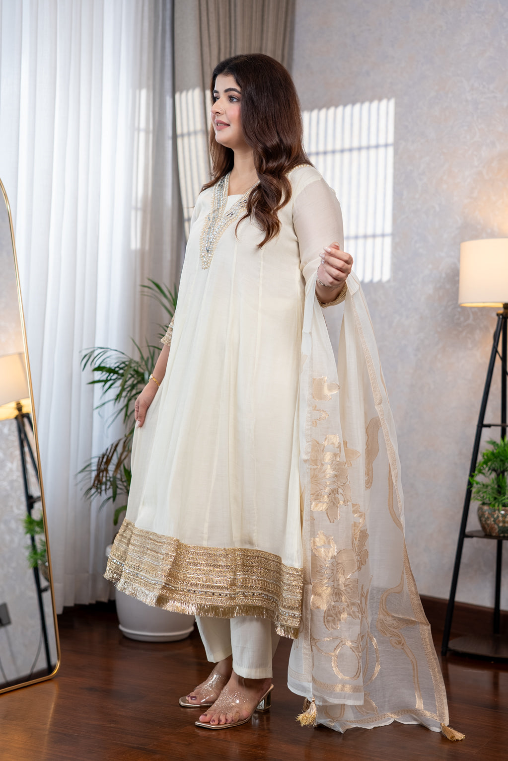 Dove White Anarkali Suit Set