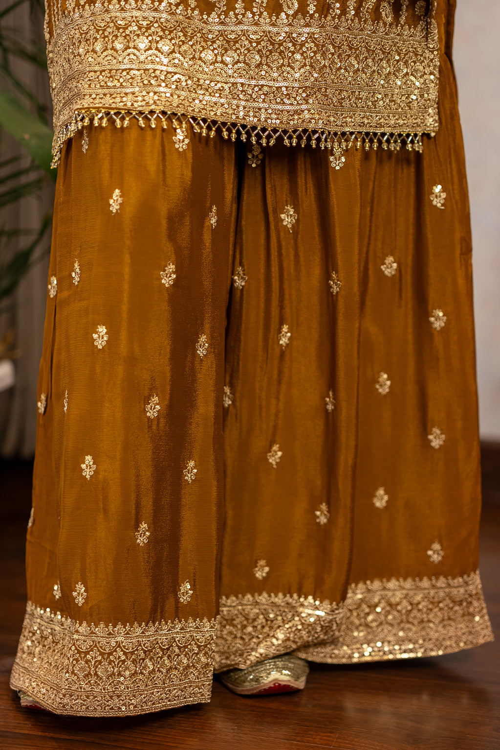 Gold Pearl Drop Sharara Suit Set